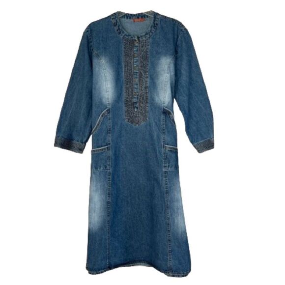 VTG HM Silver Niddle Button Pintuck Lagenlook Boho Stonewashed Denim Dress - Picture 1 of 16